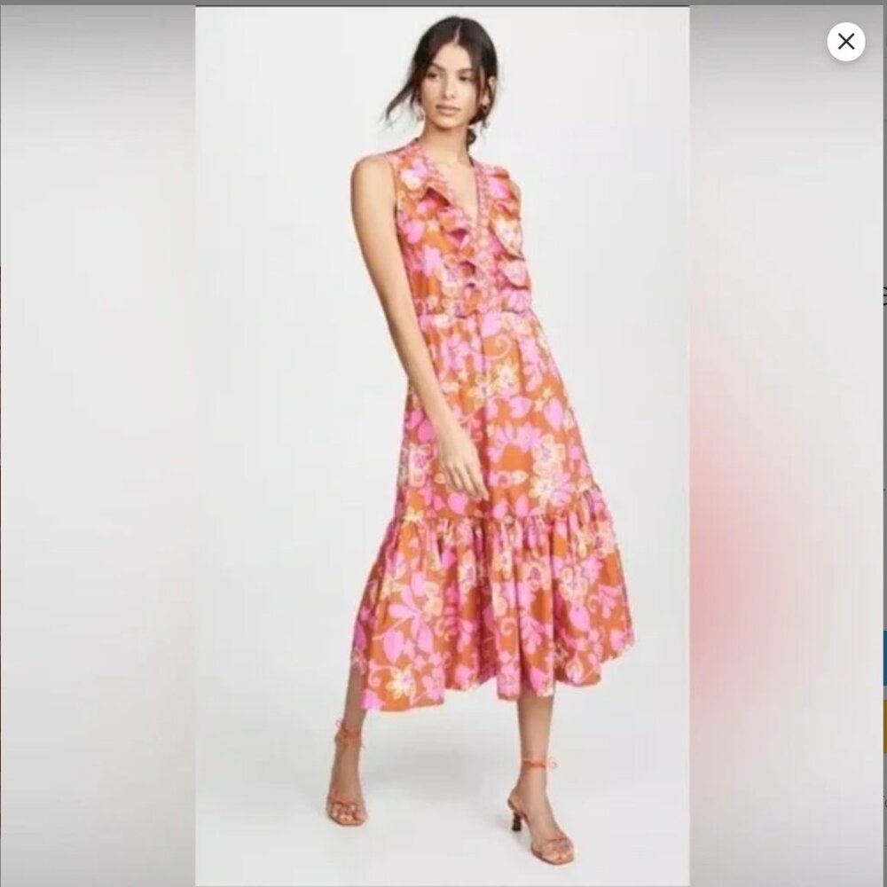 WARM Tropical Floral Sleeveless Sierra Ruffled Tiered Midi Dress Size Small